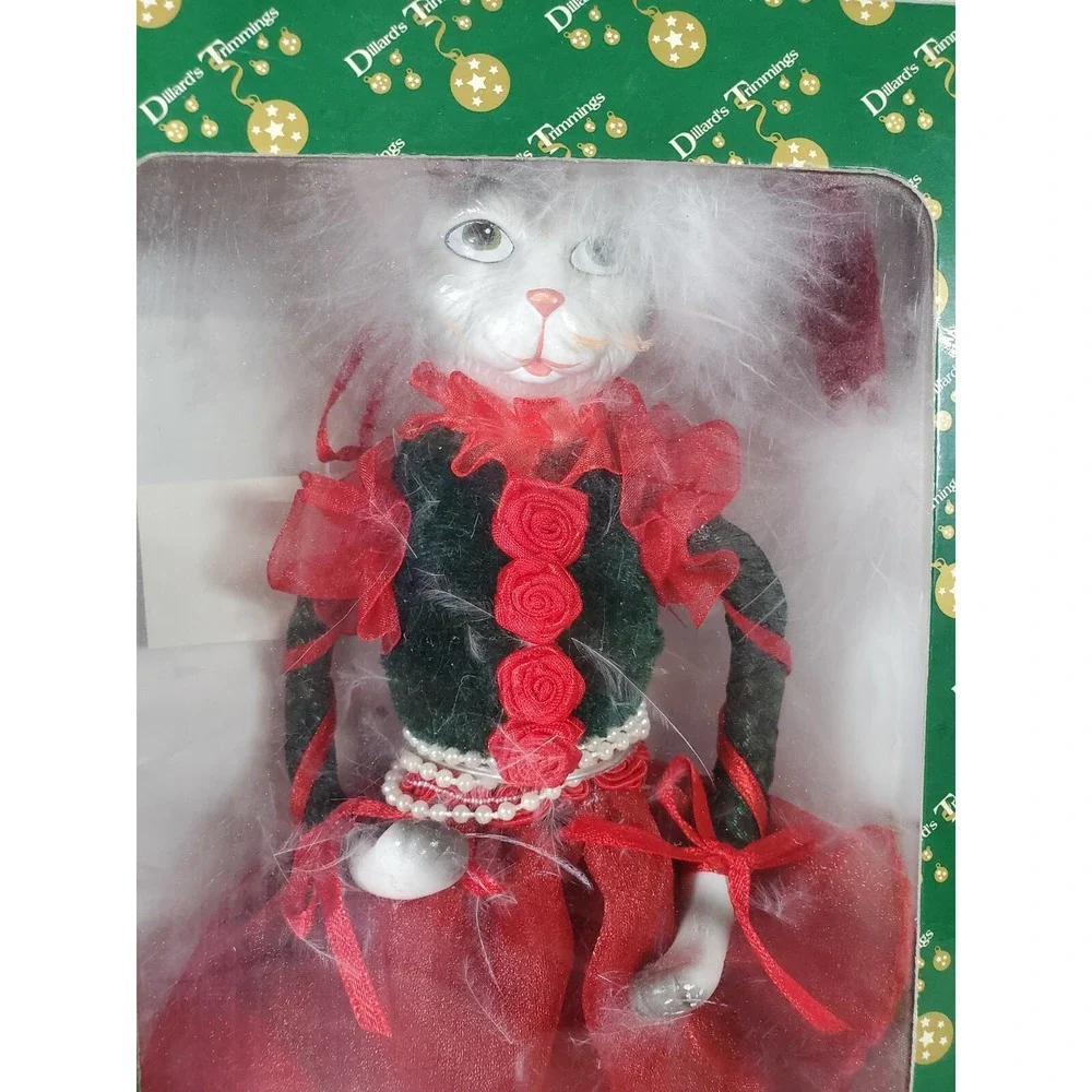 Vintage Dillards Trimmings Porcelain Cat in Red Dress‎ Christmas Decor holiday